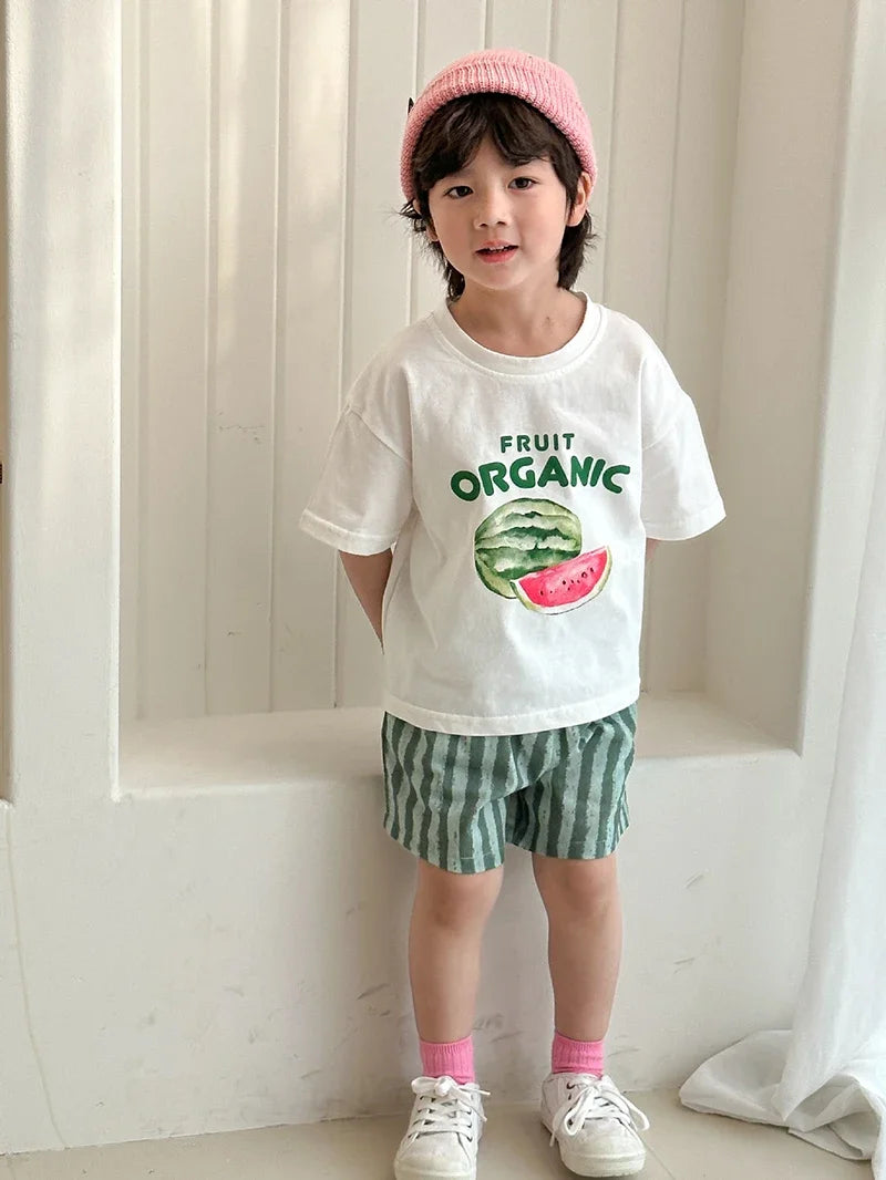 Children's Summer Clothes 2PCs Set Boys' Pure Cotton Striped Tee and Shorts Suit Cute Girls Suspenders Dress Siblings' Outfit Unisex