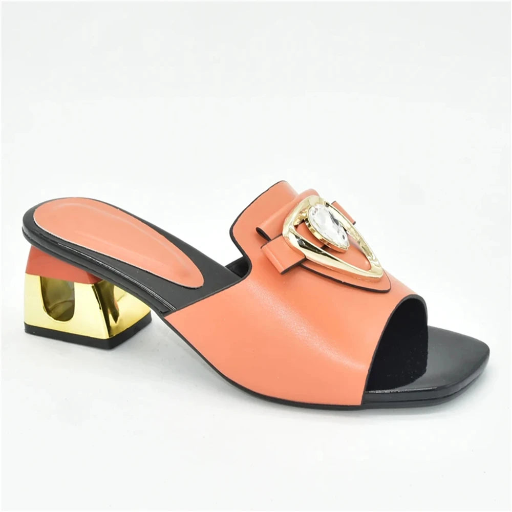 Women's Italian High Heel Slippers Shoes with Metal Trim and Rhinestones for Ladies Suitable for Autumn Wedding