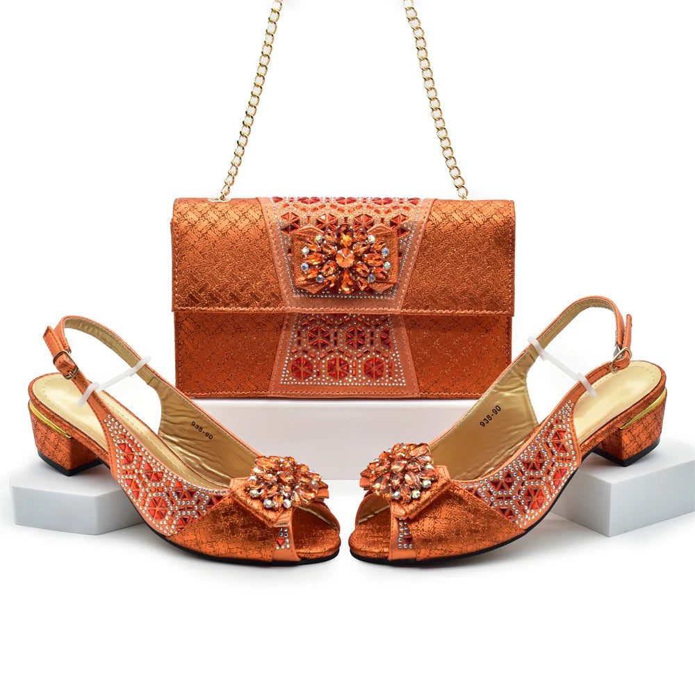 Orange Shoe and Bag Set Luxury Designer Shoes Women Matching Wedding Shoes and Bags Decorated with Rhinestone