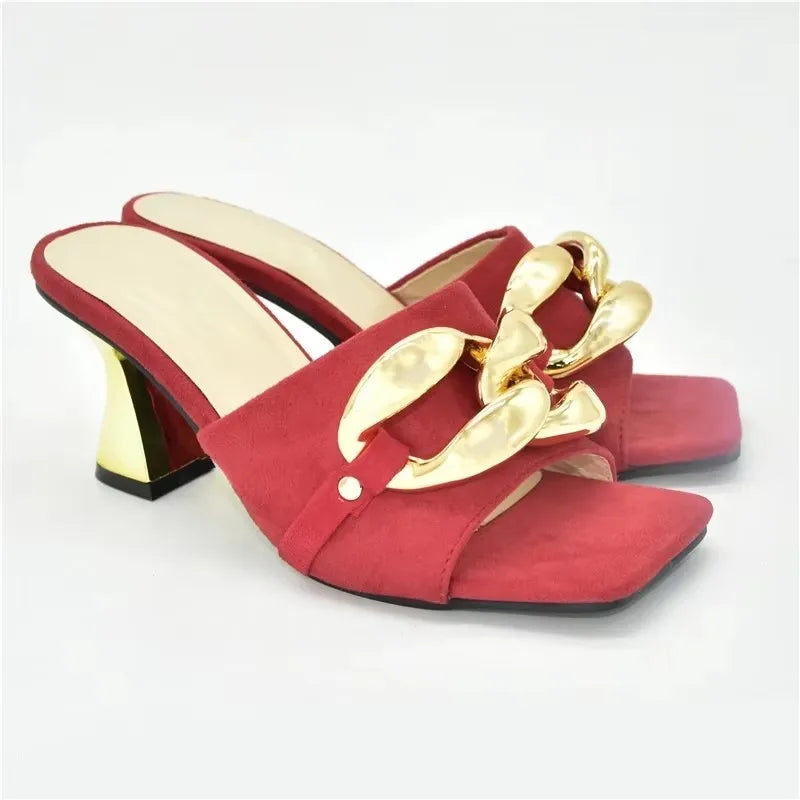 Ladies Metal Decorative Chain Wedding Bridal Shoes Ladies Open Toe High Heels Shoes Slip on Women Party Pumps