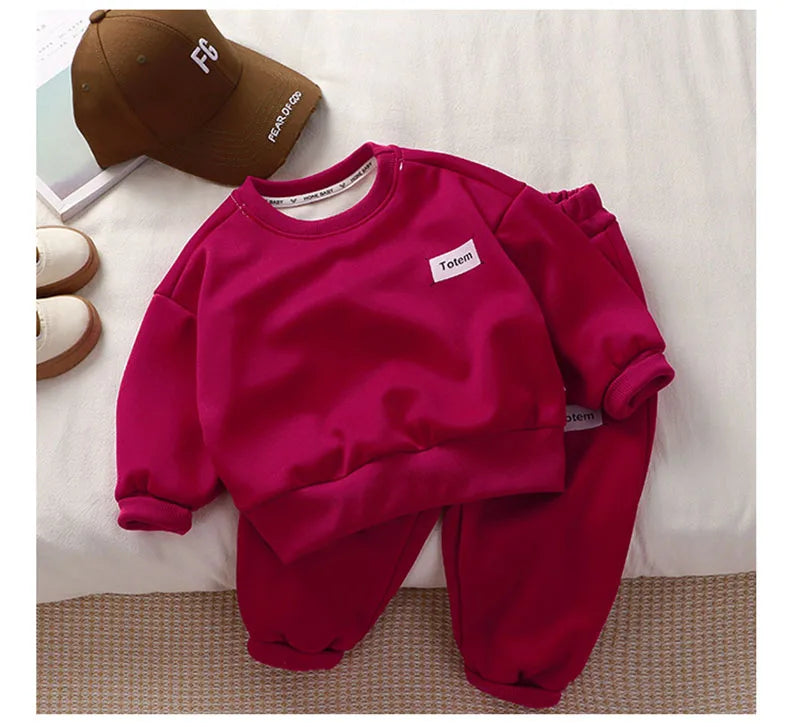 Kids Thicken Clothes Set Girls Cute Solid Colour Letters Sweatshirt + Pants Children Sports Suit Boys 2PCS Outwear 2-8T Unisex