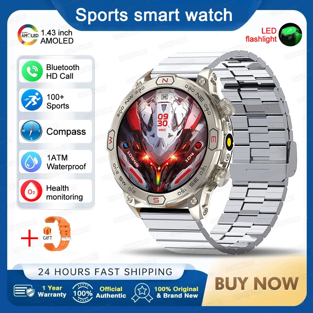 Outdoor Military Smart Watch Men Compass GPS Track Bluetooth Call IP68 Waterproof AMOLED Screen Smartwatch Compatible with Android IOS