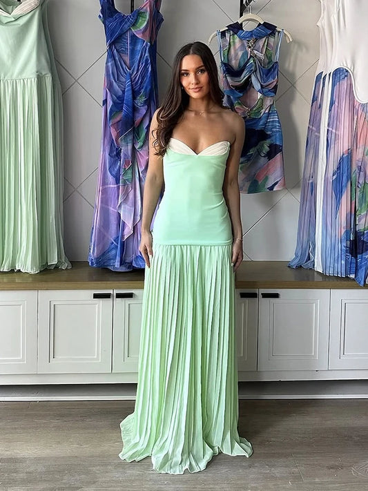 Patchwork Strapless Sexy Dress Women 2025 Summer Elegant Slim High Stretch Draped Pleated Birthday Party Bodycon