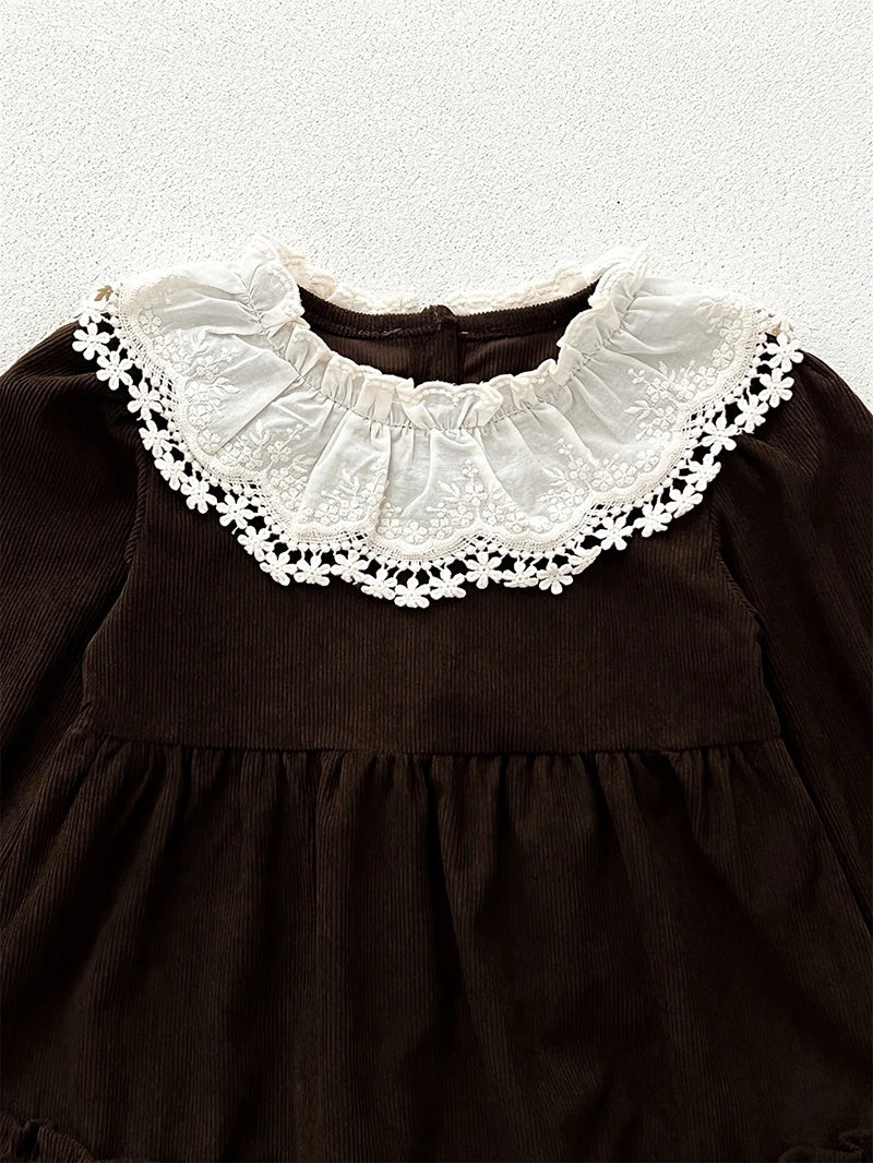 Spring Autumn Girls' Dress Corduroy Long Sleeve Lace Ruffled Collar Dress for Kid's Children's Clothing 2-6Y Girls