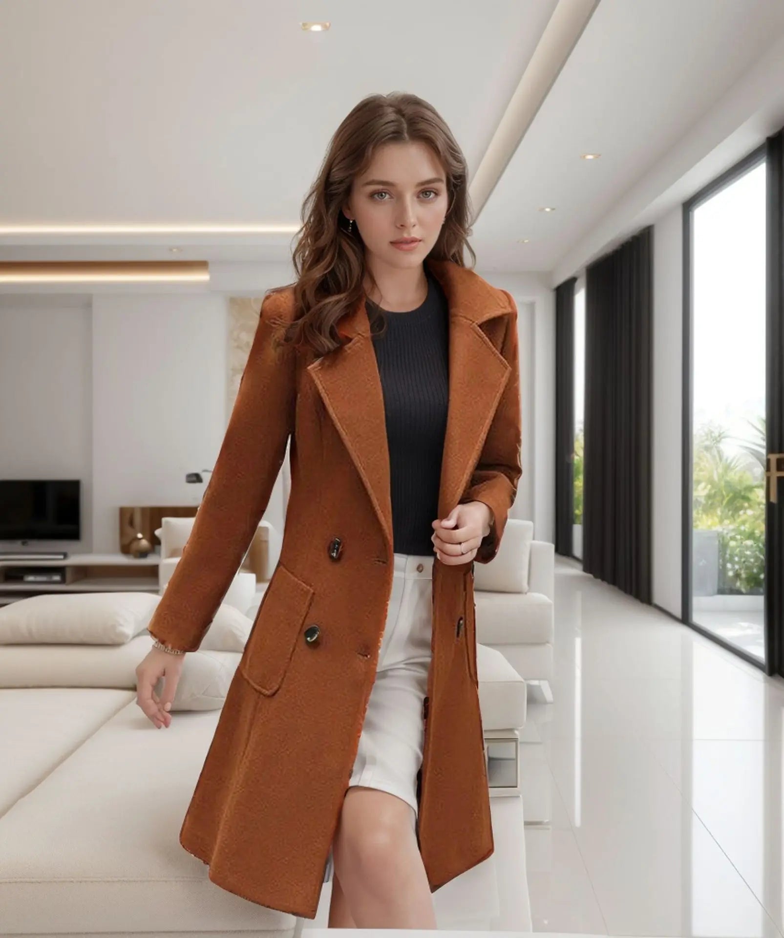 2024 Autumn Winter Women Long Woolen Coats Double Breasted Female Solid Color Slim Fit Outerwear Turn-down Collar Streetwear