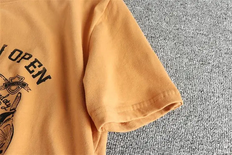 2025 Summer American Retro Short Sleeve O-neck Skeleton Motorcycle Printed T-shirt Men's Fashion 100% Cotton Washed Casual Tops