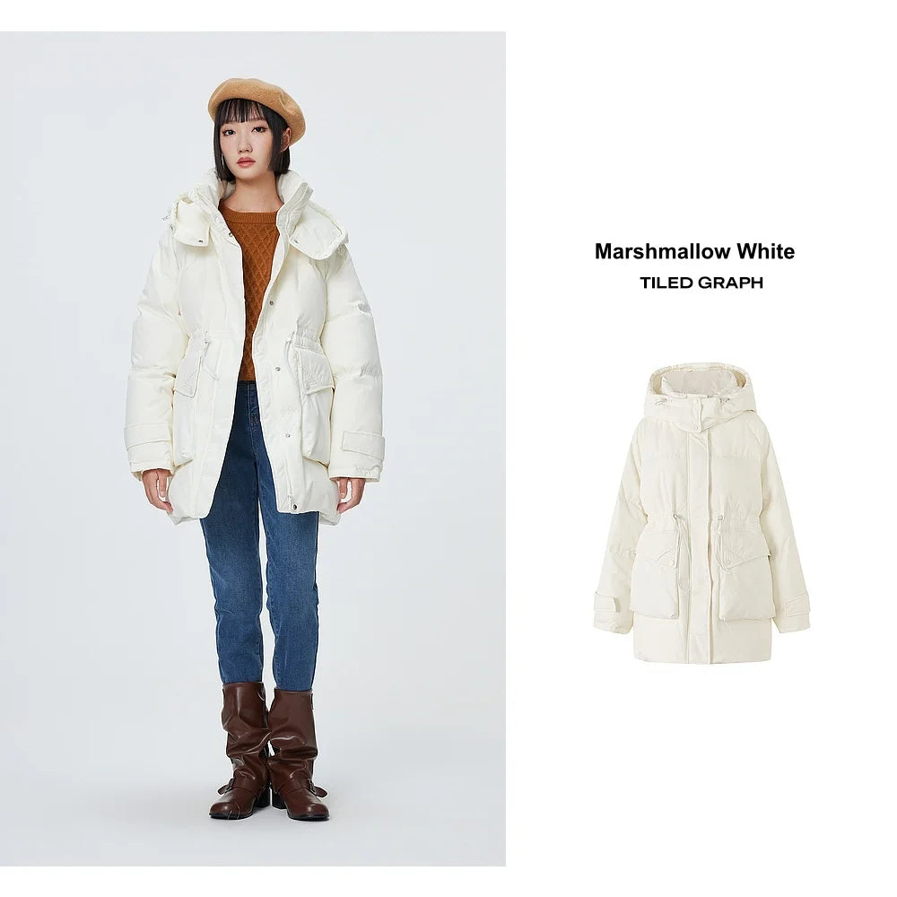 Women's Winter Warm Oversized Long Hooded Down Jacket, Adjustable Pig Nose, Buckle Waist Belt Utility Duck Down Parka For Ladies