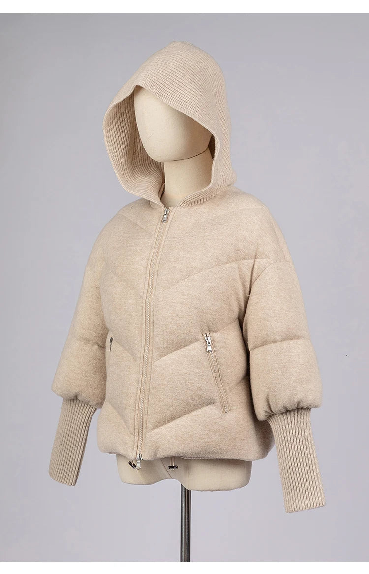 Women's Luxury Hooded Threaded Sleeve Down Coat, Warm Jacket For Ladies