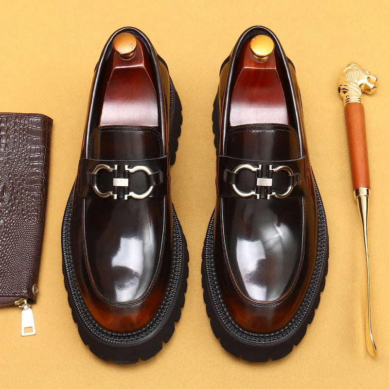 Cow Leather British Loafers Men Glossy Leather Business Casual Heightening Shoes - Non-Slip Tire Soles Dress and Round Toe Shoes