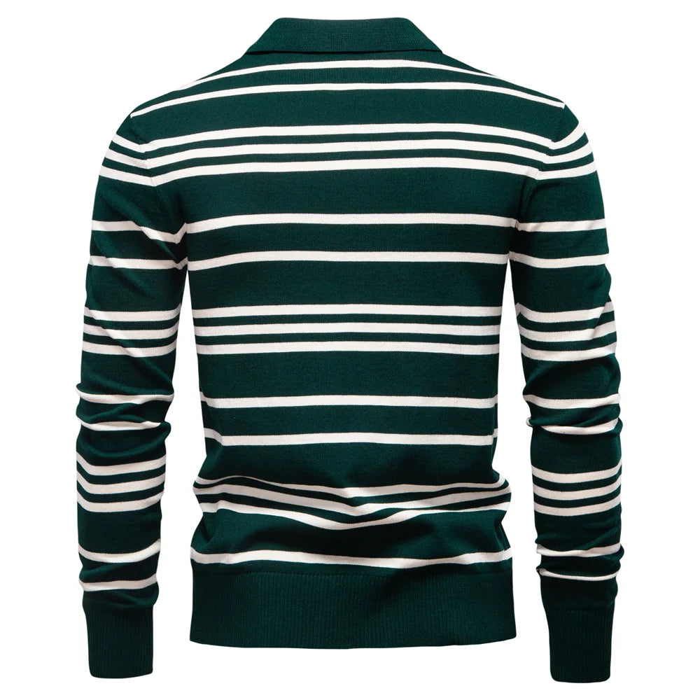 Men's Colour Block Striped Long Sleeve Polo Shirt For Autumn - Designer Business Premium T-shirts