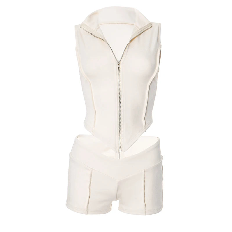Lines Patchwork 2 Piece Set Women Zipper Cardigan Irregular Crop Top + Skinny Peach Hip Shorts Simple Sporty Street Wears