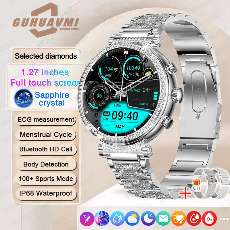Women Diamond Smart Watch ECG Women Health tracking Watch Full Touch Screen BT Call Custom dial Smartwatch Compatible with Huawei & Xiaomi IOS