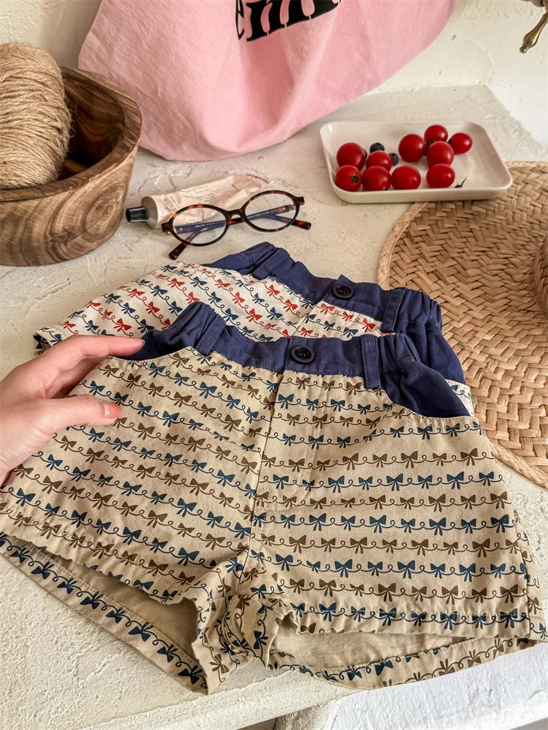 2025 Zomer Nieuwe Baby Meisjes Strik Print Shorts Katoenen Kinderen Losse Shorts Kinderen Veelzijdige Casual Broek Ademende Peuterkleding 4-6Y