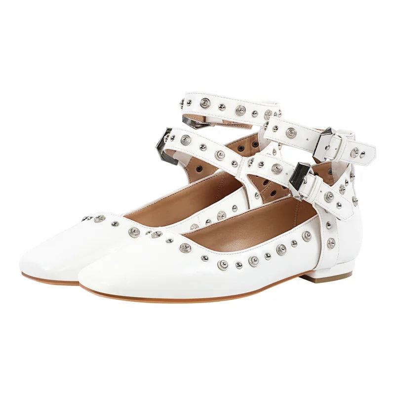 Women White Square Toe Buckle Strap Mary Jane Flats  Elegant Big Size Daily Flats Pumps
