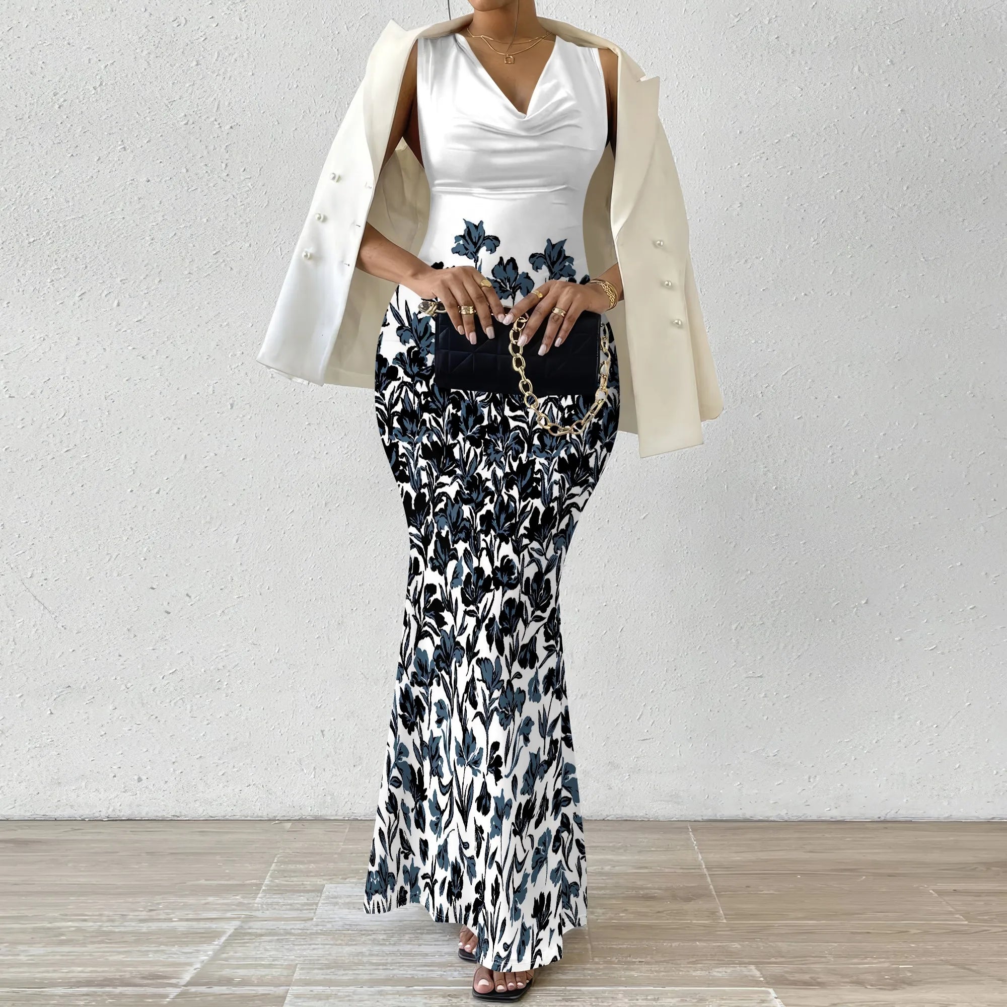 Women's V-Neck Sleeveless Maxi Dress Purple Sketch Floral Print Elegant Bodycon Summer Party Dress