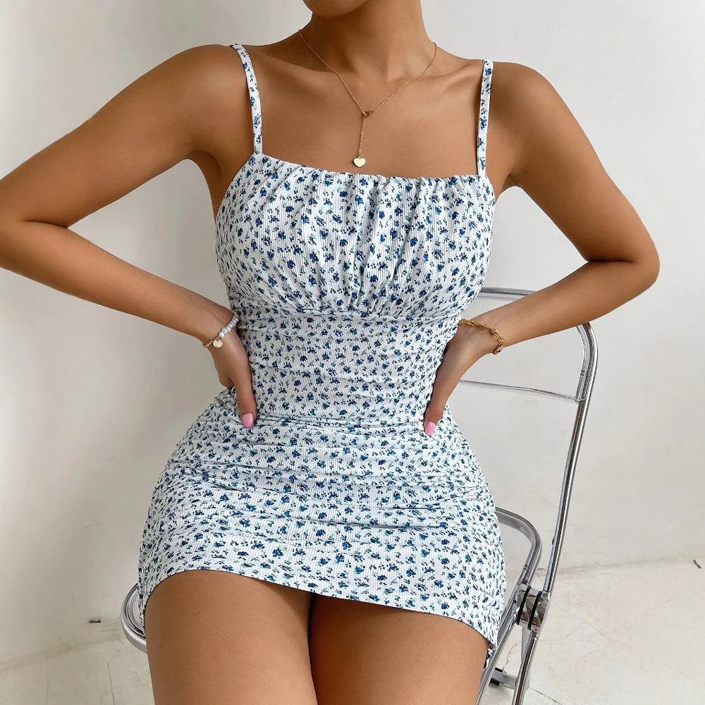 Jurken Zomer Decent Elegant Ditsy Bloemen Ruffles Mouwloos Vierkante Hals Streetwear Mini Cami Jurken Voor Vrouwen