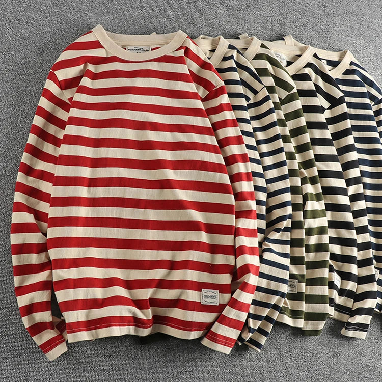 Autumn New American Retro 230g Heavyweight O-neck Striped T-shirt Men's Fashion 100% Cotton Washed Casual Loose Tough GuyTops