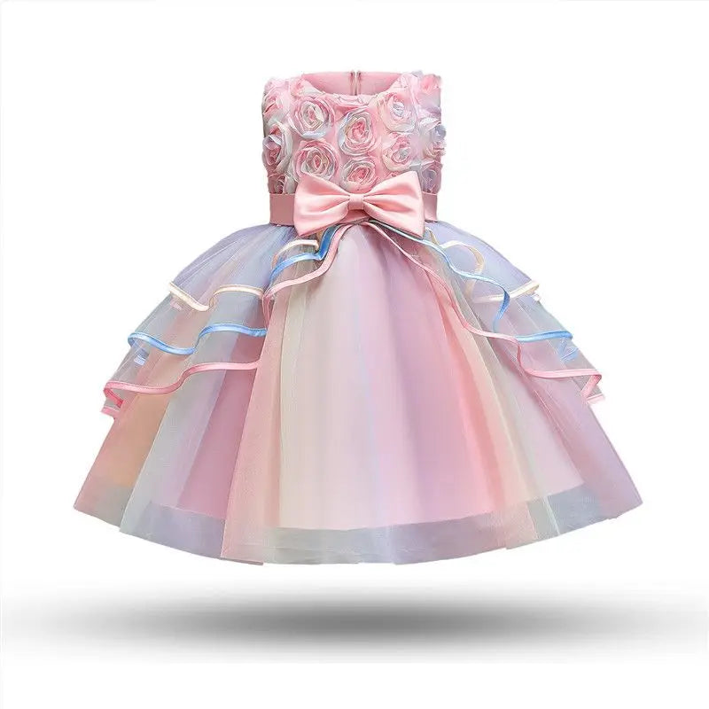 Fashion Girl's Dress Summer Rose Princess Dress Patchwork Mesh Performance Costume Children's Birthday Gown 3-8Y Girls