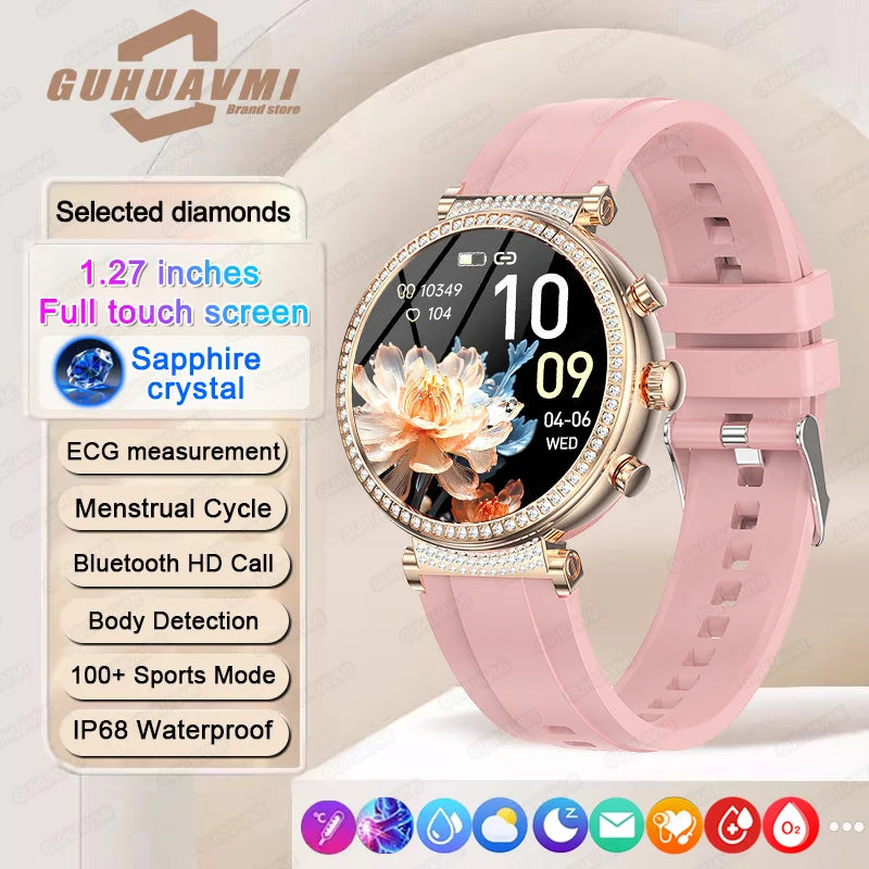 Women Diamond Smart Watch ECG Women Health tracking Watch Full Touch Screen BT Call Custom dial Smartwatch Compatible with Huawei & Xiaomi IOS