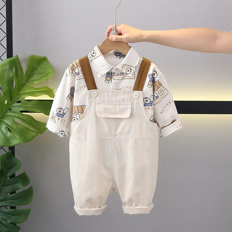 Herfst kinderkledingset kinderen schattige cartoon beer shirt + effen overall jongens 2 stuks dunne stijl outfit 1-3 jaar unisex