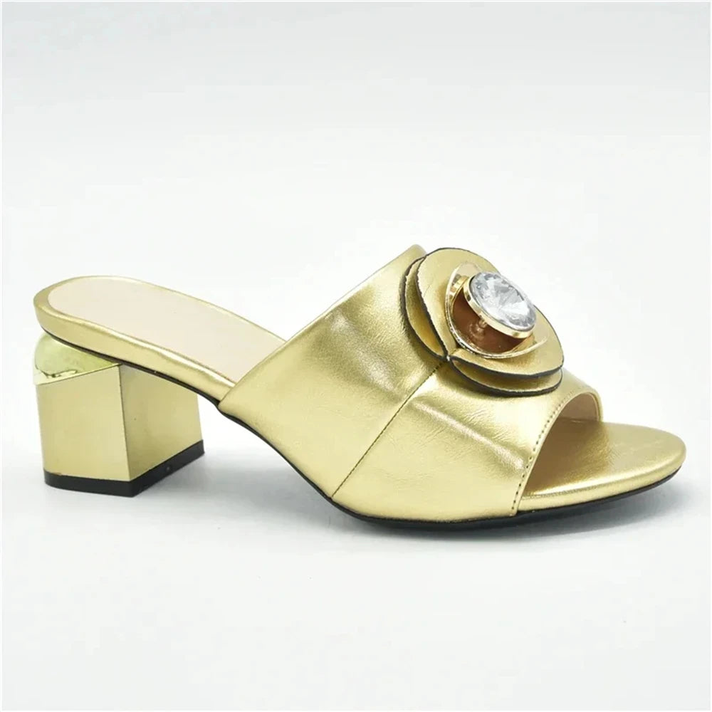 Women's Italian High Heel Slippers Shoes with Metal Trim and Rhinestones for Ladies Suitable for Autumn Wedding