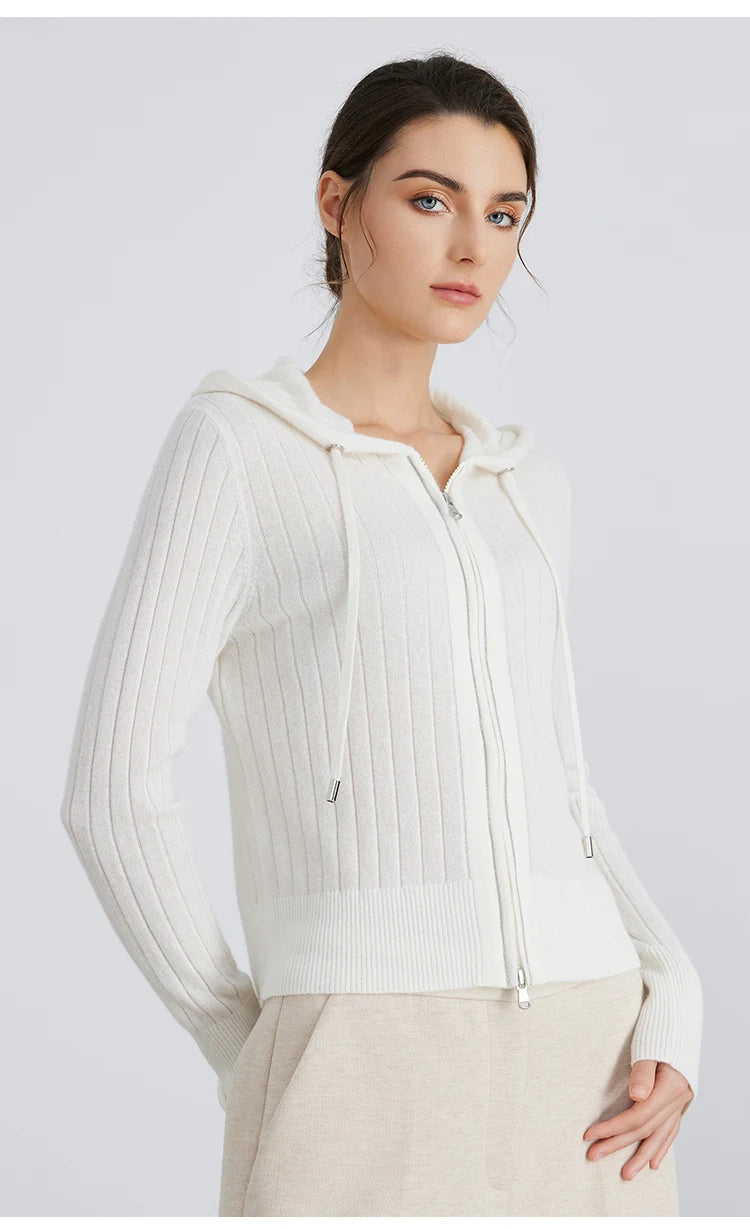 Women's High-Quality Winter Luxury Brand Long-Sleeved Hooded Cardigan & Knitted Sweater With 94% Cashmere For Ladies