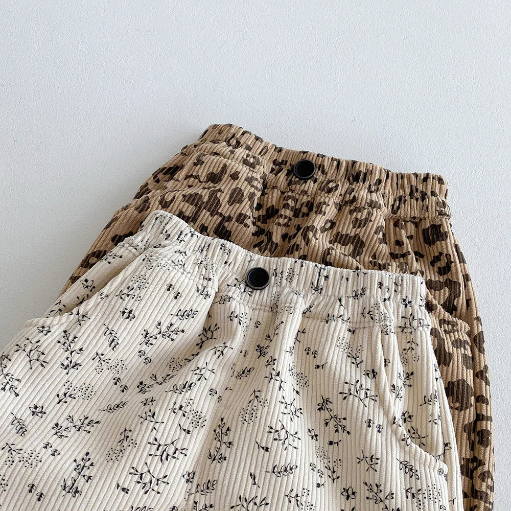 Autumn Kids Baby Pants Thickened Fleece Lining Floral Girls Trousers Warm Fashion Leopard Print Boys Pants Outwear 1-5Y Unisex