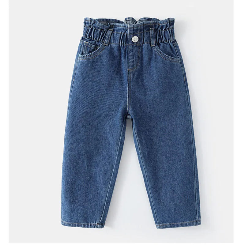 New Spring Kids Jeans Girls Boys Cute Solid Colour Denim Blue Pants Children Loose Trousers 4-6Y Unisex
