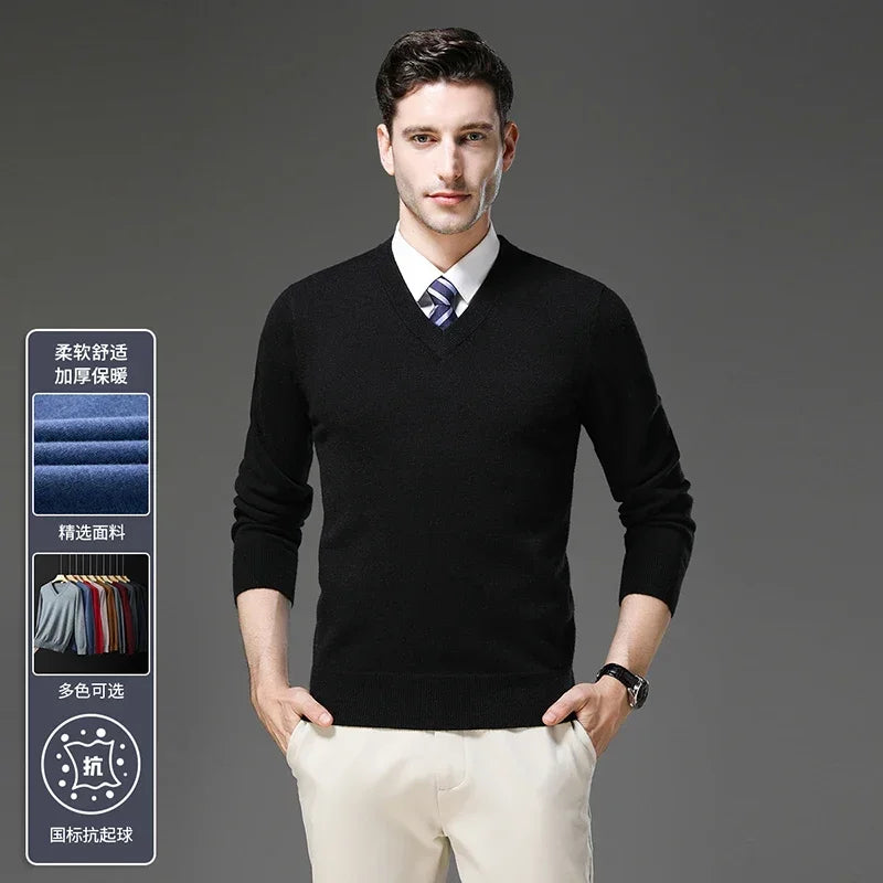 Men's Warm V-Neck Solid Colour Sweater, Autumn & Winter Stretch Top, Daily Leisure Pullover Knitwear, Male Business Casual