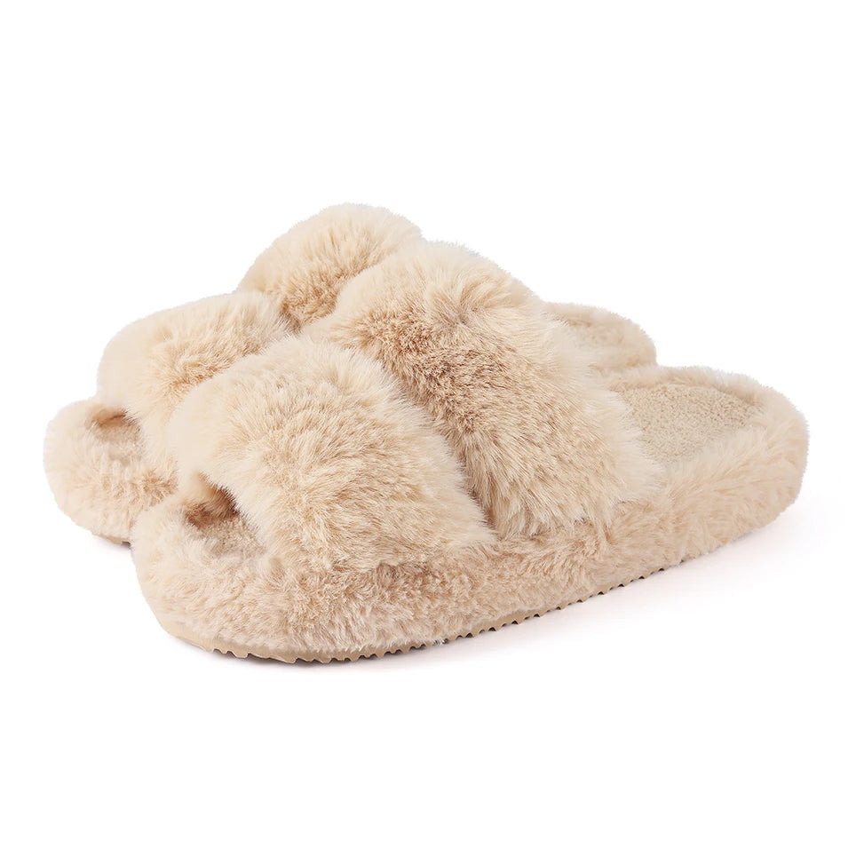 Women's Winter Warm Fluffy Platform Slippers Plush Open Toe Footwear Flat Slides Suitable For Indoor Use Ladies' Shoes