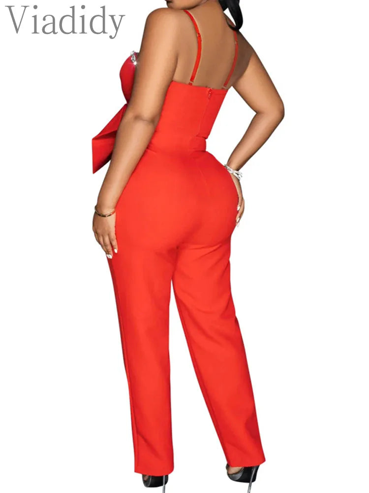 Spaghetti Strap Rhinestone Bowknot Decor Straight Jumpsuit
