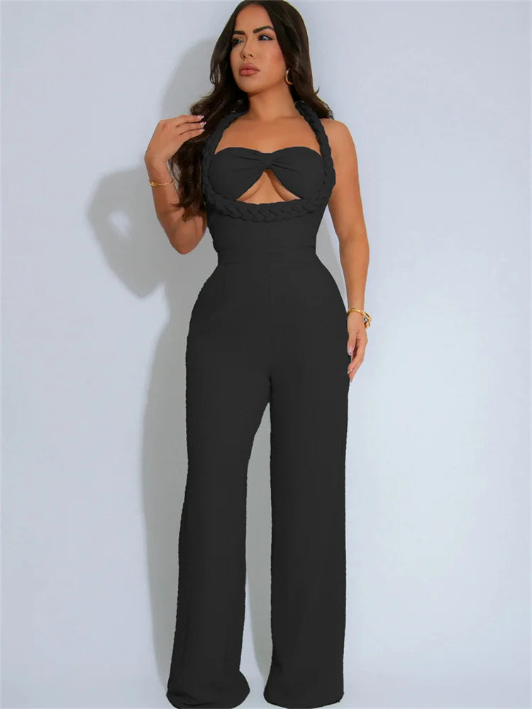Women Fashion Straight Jumpsuit Summer Trend Twist Bandage Halter Ruched Hollow Backless Sleeveless Classic Outfits
