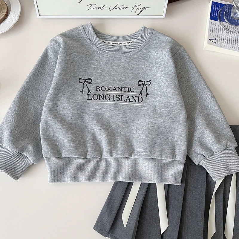 Girls Casual Hoodies Suit Simple Letter Sweatshirt and Pleated Skirt 2PCS Children's Autumn Outfit 2-7Y Girls