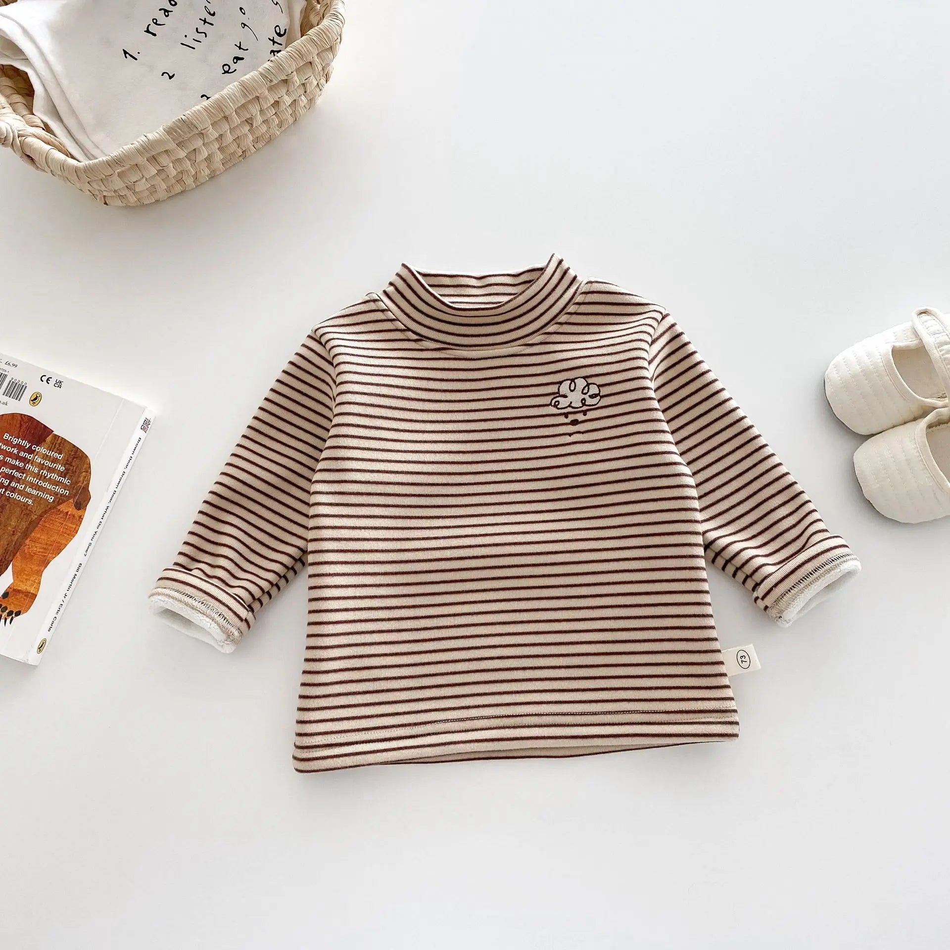 Herfst Kinder Basis Shirt Jongens Halve Turtleneck Warme Onderkant Tops Meisjes Bontvoering Geborduurde Gestreepte Blouse 0-5 Jaar Unisex