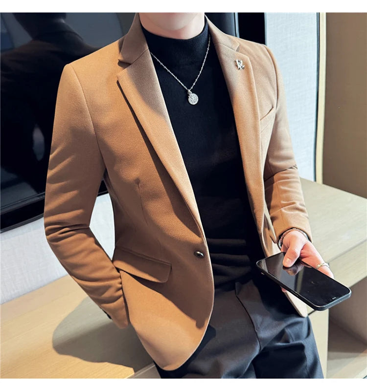 Men's Thickened High-Quality Daily Work Formal Single-Breasted Woollen Coat with Dark Stripe for Autumn and Winter Size S-4XL