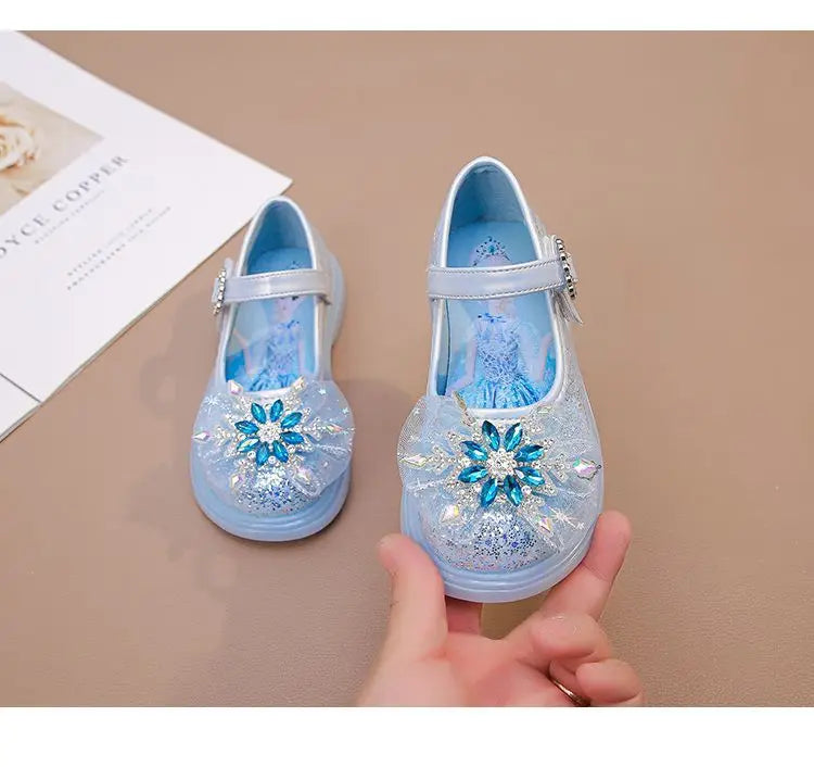 Disney Children High Heel Princess Elsa Party LED Light Shoes Summer Girls Sandals Baby Girls Crystal Blue Pink Shoes 23-34