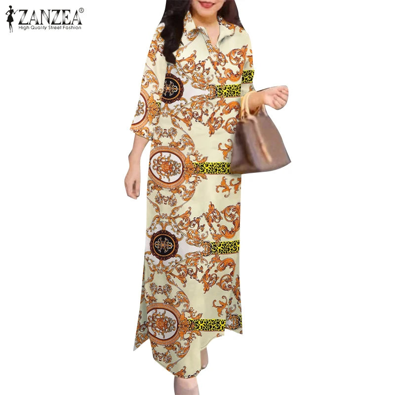 Fashion Slit Hem Shirtdress 3/4 Sleeve Women Vintage Casual Maxi Dress Autumn Baroque Print Lapel Neck Long Vestidos