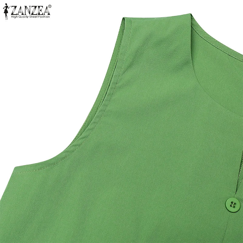 2025 Women Summer Sundress Elegant Work OL Midi Dresses V Neck Sleeveless Solid Dress Fashion Buttons Down Robe Plus Size