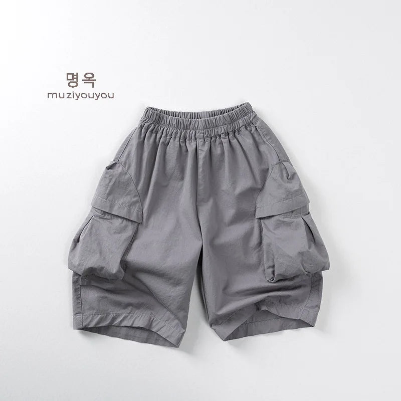 2025 Zomer Nieuwe Kinderen Casual Broek Katoen Jongens Veelzijdige Cargo Broek Effen Meisjes Dunne Losse Shorts Kinderen Outdoor Broeken 4-6Y Unisex