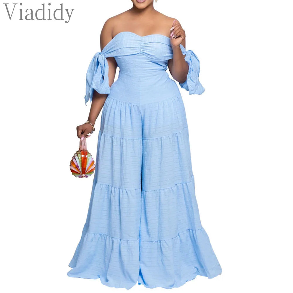 Women Sexy Solid Color Slash Neck Off Shoulder Ruffles Decor Wide Leg Jumpsuits