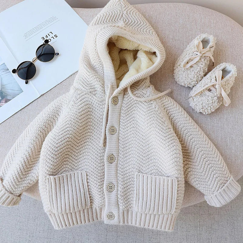 Winter Kids Sweaters Fur Lining Girls Cardigans Warm Boys Knitwear Children Outfit 1-7Y Unisex