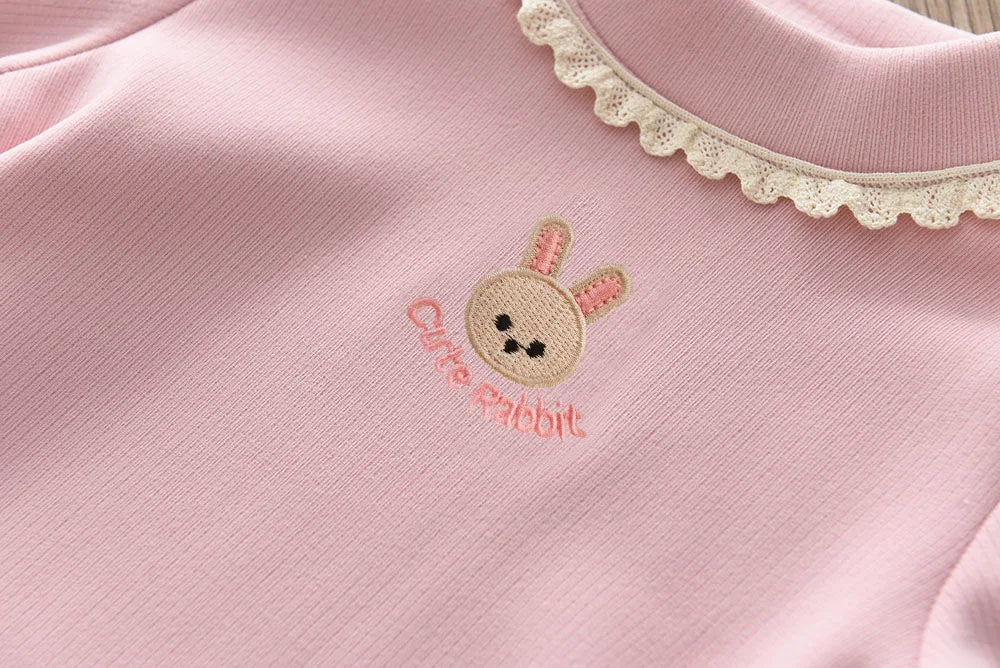 New Autumn Kids Fleece Padded Shirts Cute Embroidery Rabbit Girls Thicken Blouse Versatile Warm Children Lace Tops 1-9T Girls
