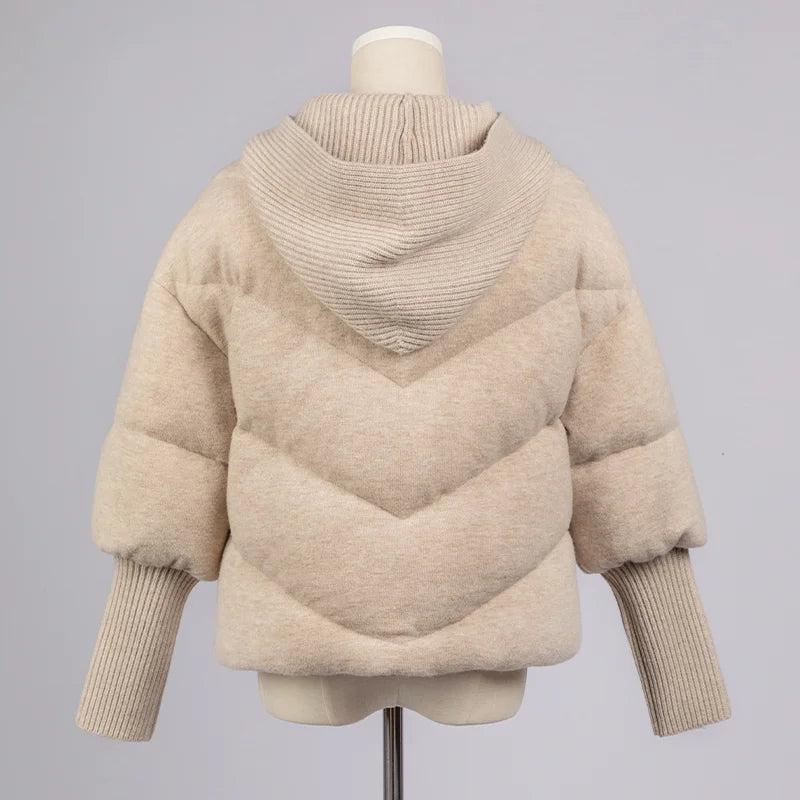 Women's Luxury Hooded Threaded Sleeve Down Coat, Warm Jacket For Ladies