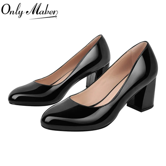 Women Pumps Black Round Toe Block Classic Slip On Thick Heel Office Dress Elegant Handmade Chunky Shoes