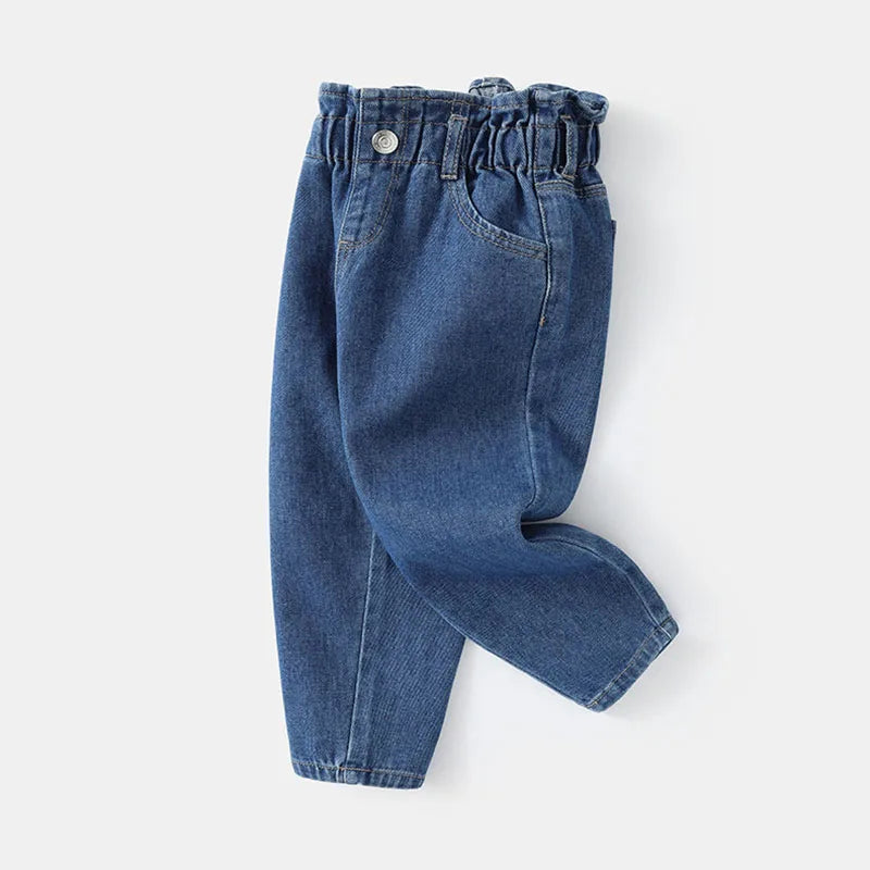 New Spring Kids Jeans Girls Boys Cute Solid Colour Denim Blue Pants Children Loose Trousers 4-6Y Unisex