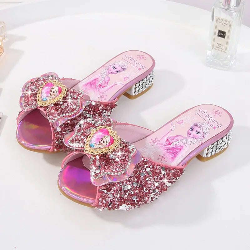 Girl's Summer Sandals Fashion Slippers Sequined Princess Children High Heel Party Dress Elsa Shoes Leather Slipper For Girls