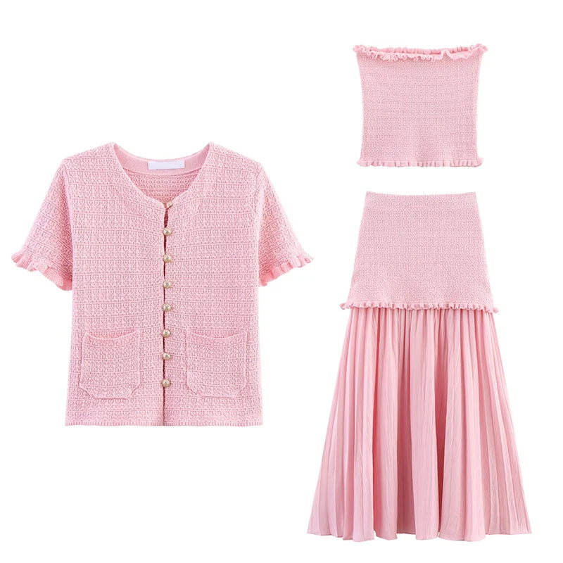 Elastic High Waist Patchwork Knit Skirt for Women Pleated Hem Elegant Long Ankle-Length Polyester Faldas Mujer