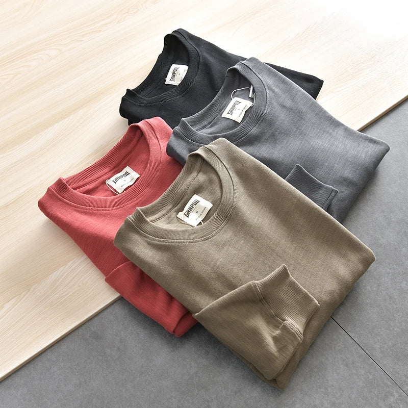 Lente Nieuwe Amerikaanse Retro Lange Mouw O-hals Effen Kleur Sweatshirts Heren Eenvoudige 100% Katoen Gewassen Trui Casual Sportkleding