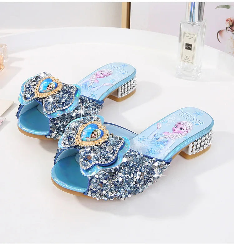 Zomersandalen voor meisjes, modieuze slippers met pailletten, prinsessenschoenen voor kinderen, hoge hakken, feestjurken, Elsa-schoenen, leren slippers voor meisjes