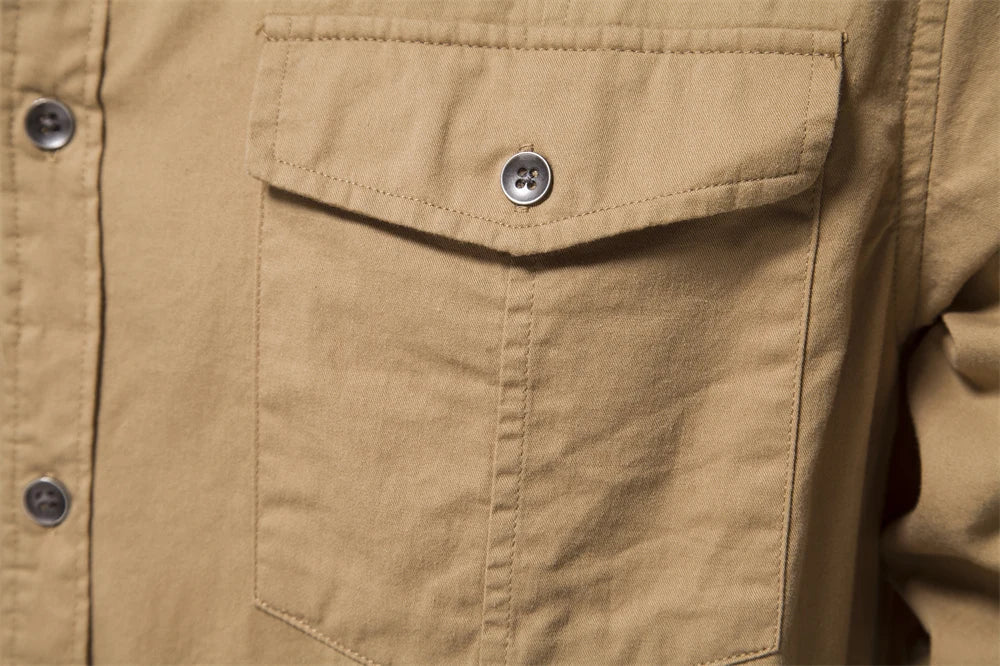 Men's Autumn Military Style 100% Cotton Pocket Shirt Solid Colour Slim Casual Long Sleeve Male Shirt For Men